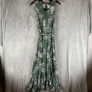 Tuchuzy Women's Dress L Green Tropical Tie Waist Ruffle Hi Lo Hem Midi Boho